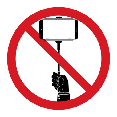 İnsan eli tutun selfie selfie sopa sopalarla işareti yasaklamaktadır. Vektör illüstrasyon izole işareti beyaz arka plan üzerinde yasakla.