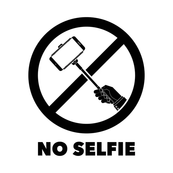 아니 selfie 막대기 selfie 단어와 기호를 금지합니다. 벡터 일러스트 레이 션 절연 흰색 배경에 로그인 금지. — 스톡 벡터
