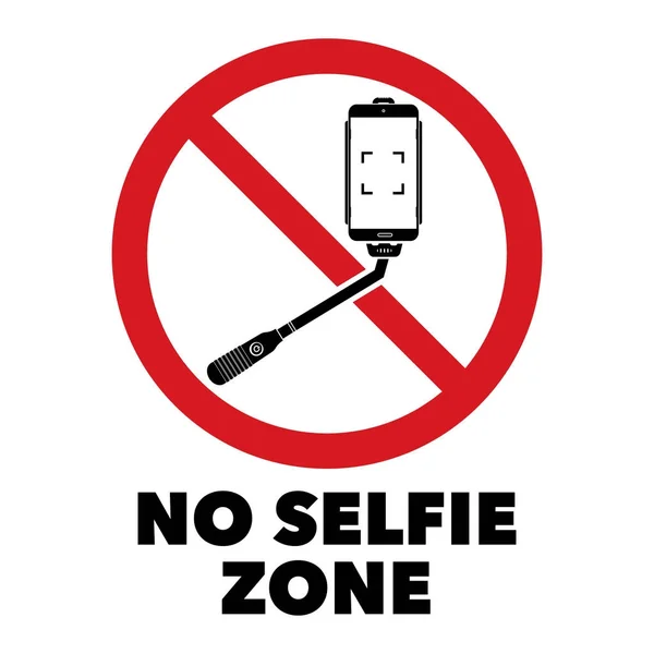 No selfie sticks prohibit sign with No selfie zone word. Vector illustration isolated prohibit sign on white background. — Stock Vector
