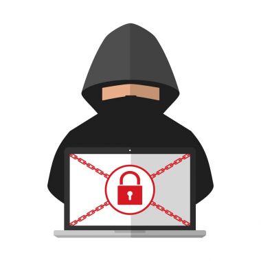 Hırsız hacker bir kurban bilgisayar laptop ağıl ile ransomware malware virüs bilgisayar beyaz arka plan üzerinde fidye için kilitli. Gizlilik ve güvenlik vektör çizim siber teknoloji veri kavramı.