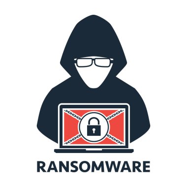 Hırsız hacker kurbanı bilgisayar dizüstü ransomware malware virüs bilgisayar ile beyaz arka plan üzerinde kilitli. Vektör çizim Siber Suçlar teknoloji veri gizliliği ve güvenliği logo tasarım konsepti.