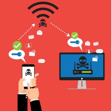 Hacker taşınabilir aygıt ile wifi kesmek Wpa2 anahtar güvenliği hakkında önemli veriler çalmak için Krack yöntemi kullanın. Vektör çizim Krack wifi siber güvenlik Infographic kavram.