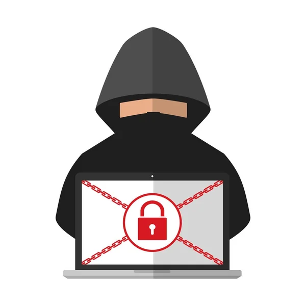 Ladrón hacker bloqueado una carpeta ordenador portátil víctima de rescate con ransomware equipo de virus de malware sobre fondo blanco. Ilustración vectorial ciberdelincuencia tecnología privacidad de datos y concepto de seguridad . — Vector de stock