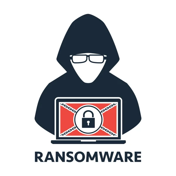 Tjuv hacker låst en offer dator laptop med ransomware malware virus dator på vit bakgrund. Vektor illustration cyberbrott teknik data integritet och säkerhet logo designkoncept. — Stock vektor