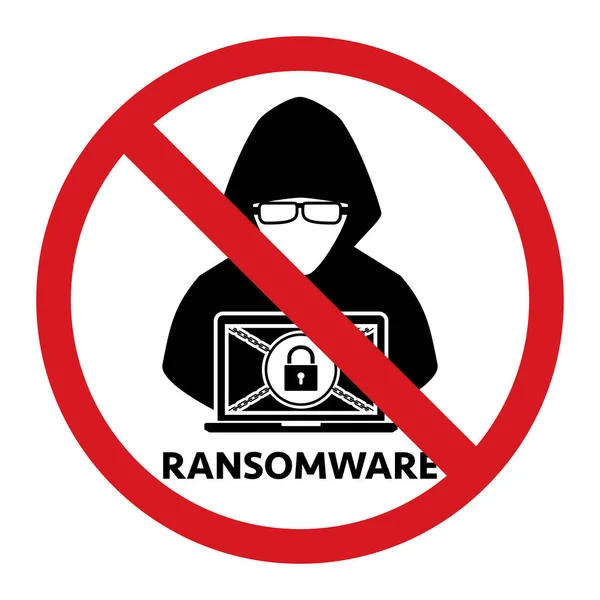 Stop Hacker Ransomware verboten Signal-Symbol auf weißem Hintergrund. Vektor Illustration Cybercrime Technologie Datenschutz und Sicherheitskonzept. — Stockvektor