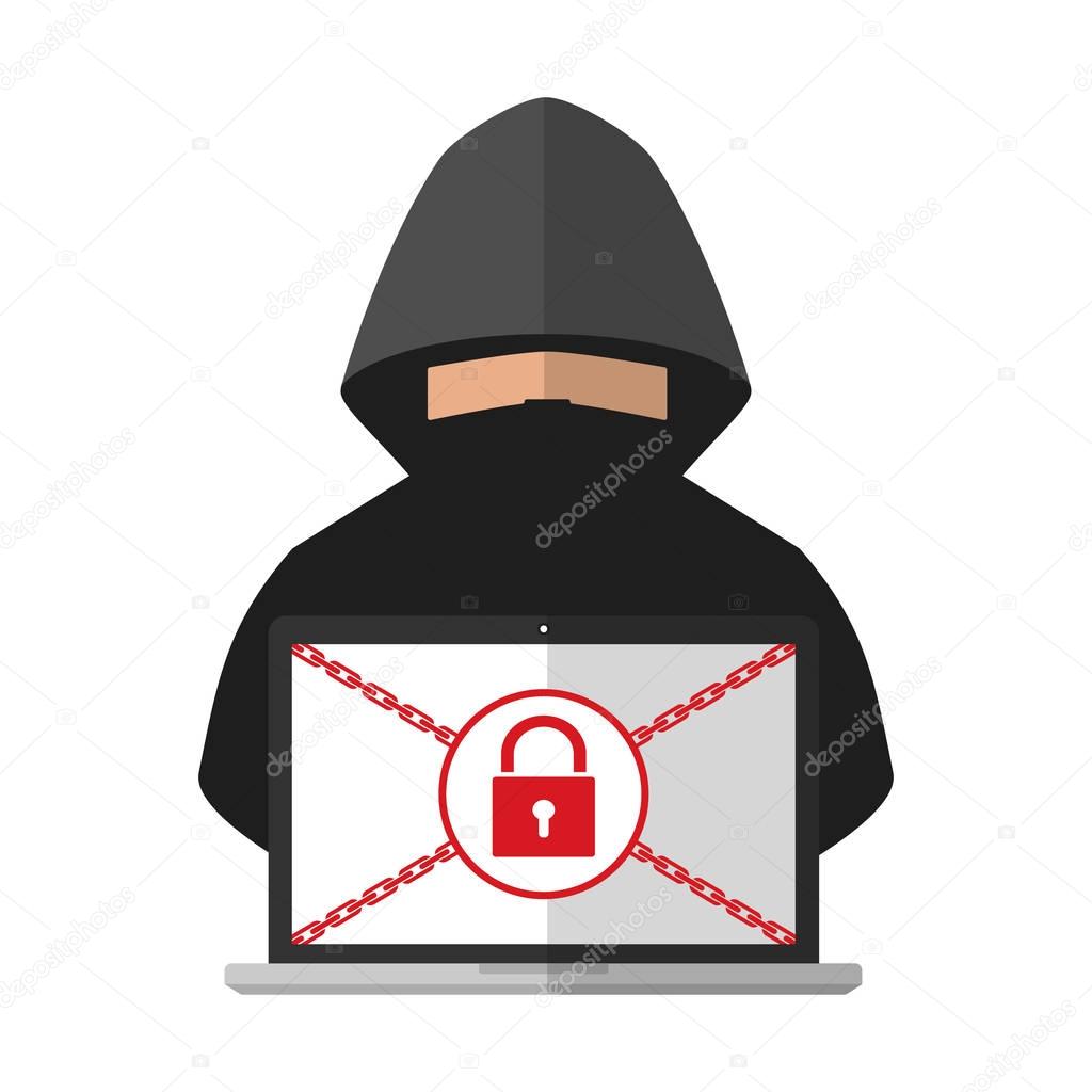Thief hacker locked a victim computer laptop folder for ransom with ransomware malware virus computer on white background. Vector illustration cybercrime technology data privacy and security concept.