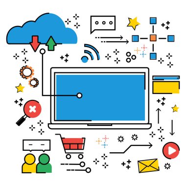 Bulut bilgi işlem iş online teknoloji çok soyut Infographic düz çizgi doodle. Vektör illüstrasyon iş eğilim bulut bilgi işlem kavramı.