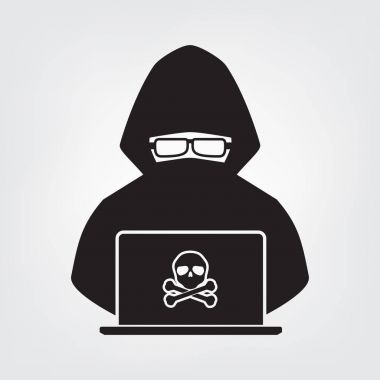 Hacker simge siyah gölge ile kafatası kemik beyaz arka plan üzerinde çapraz. Vektör çizim siber suç online güvenlik kavramı.
