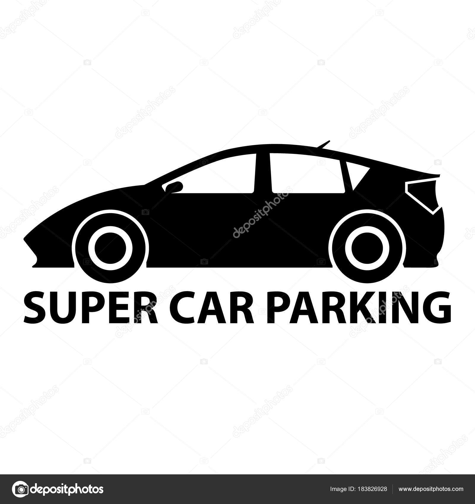 Super samochód, parking znak w czerni i bieli. Wektor