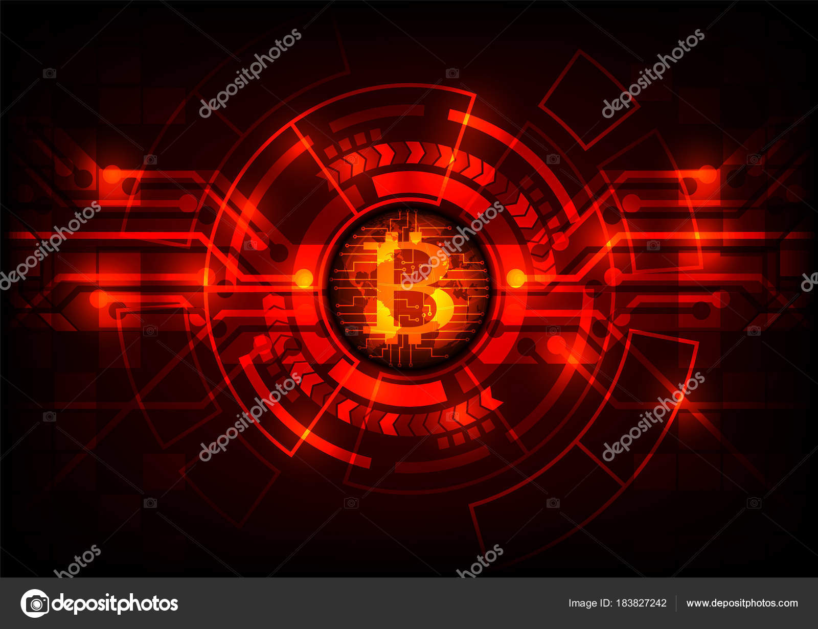 레드 글로브 세계 지도 배경에 추상 기술 bitcoins 로고. 벡터 일러스트 레이 션 bitcoin 마이닝 인터넷 온라인 기술 개념.  스톡 벡터 - ©nicescene 183827242