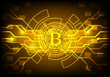 Soyut teknoloji bitcoins altın zemin üzerine altın dişli logosuna. Vektör çizim bitcoin araştırma internet online teknoloji kavramı.
