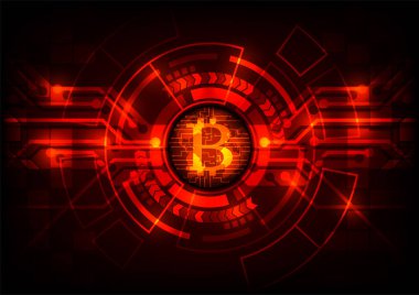 Soyut teknoloji bitcoins logo kırmızı küre Dünya harita arka plan üzerinde. Vektör çizim bitcoin araştırma internet online teknoloji kavramı.
