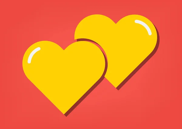 Grande amor dois corações amarelos no fundo vermelho. Vetor ilustração amor valentine conceito . — Vetor de Stock