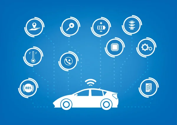 Slimme auto's driverless auto technologie autonome voertuig systeem vermogen teken en symbool Iot trend. Vectorillustratie Internet van ding technologie. — Stockvector