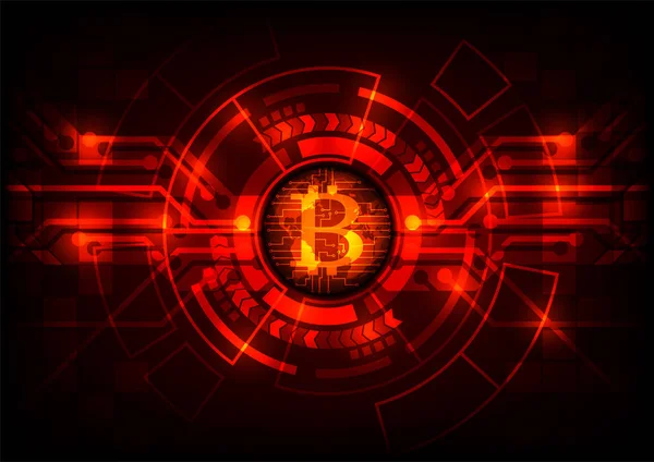 Logotipo de bitcoins de tecnología abstracta en el fondo del mapa mundial globo rojo. Ilustración vectorial bitcoin minería internet concepto de tecnología en línea . — Vector de stock