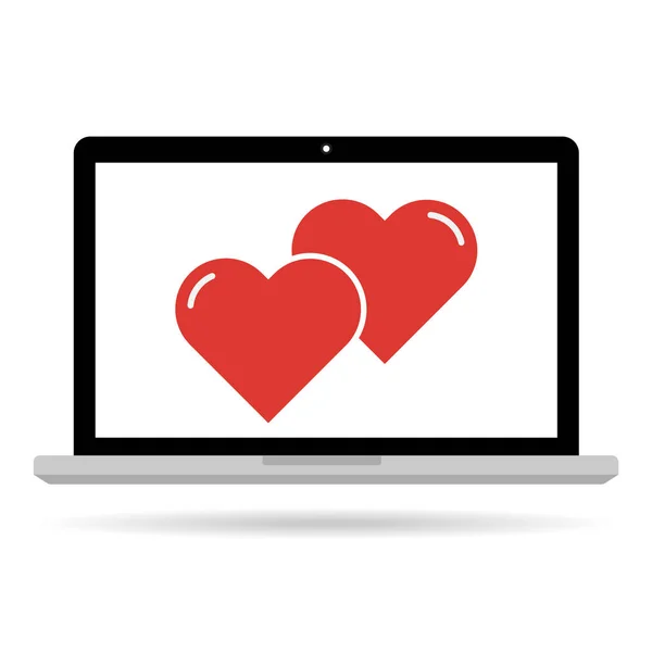 Love red hearts on laptop computer internet dating. Векторная иллюстрация любовная валентинка . — стоковый вектор