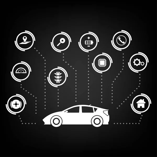 Smart Cars fahrerlose Auto-Technologie autonome Fahrzeug-System-Fähigkeit Zeichen und Symbol iot Trend. Vektor Illustration Internet der Dinge Technologie. — Stockvektor