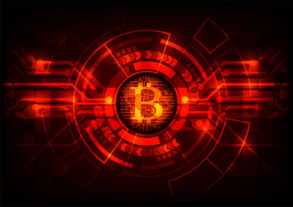 Tecnologia abstrato bitcoins logotipo no fundo do mapa do mundo globo vermelho. Ilustração vetorial bitcoin mineração internet conceito de tecnologia online . — Vetor de Stock