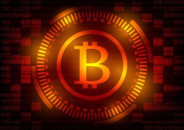 Soyut teknoloji bitcoins logo kırmızı dişli arka plan üzerinde. Vektör çizim bitcoin araştırma internet online teknoloji kavramı.