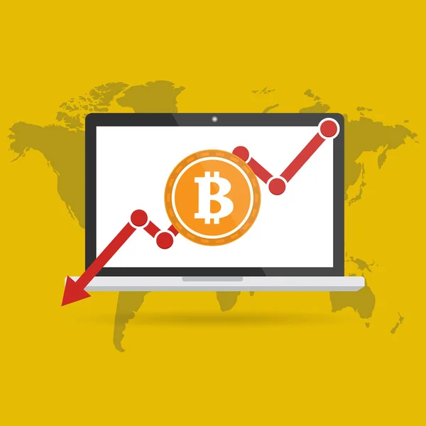 Wirtualne pieniądze online finansowania i dokonywanie inwestycji dla bitcoin i blockchain w laptopie na tle mapy świata. Koncepcja biznesowa wektor ilustracja Bitcoin. — Wektor stockowy