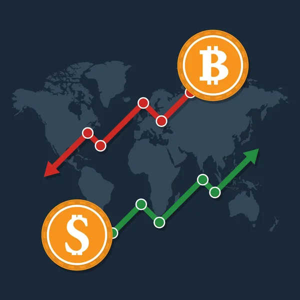 Wirtualne pieniądze online trend finansowania i dokonywanie inwestycji dla bitcoin i blockchain na tle mapy świata. Koncepcja biznesowa wektor ilustracja Bitcoin. — Wektor stockowy