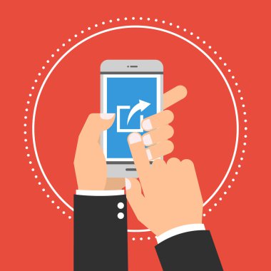 Elini tut cep telefonu ile parmak sosyal ağ bağlantısında paylaşım simgesini tıklatın. Vektörel Illustrator sosyal medya kavramı. 