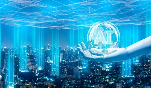 Robot hand holding AI sign on futuristic city background, web technology concept