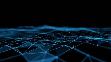Parçacık dalgası hareketinin resmi. Fütürist bilgisayar dijitali. Teknolojinin soyut 3d tasarımı. Fütüristik geometrik bilgisayar sanal gerçekliği. Bilim ve teknoloji arka plan kavramı..
