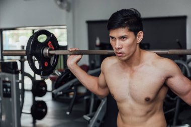 Muscular man working out in gym doing exercise with barbell for biceps, strong male.