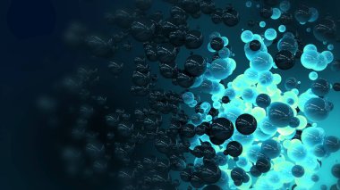 Kaotik düşük poli parçacıklarının ve ışığın soyut 3D yansıması. Boş uzayda uçan küreler. Bokeh efektli bulanık arkaplan. Poster tasarımı.