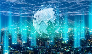 Büyük veri ve IoT (Şeylerin İnternet 'i) kavramı. Şehir ve iletişim ağı.