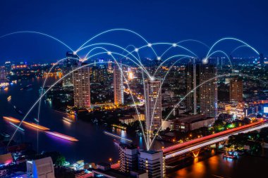 Şehir arkaplanı üzerinden soyut dijital 5g ağı.