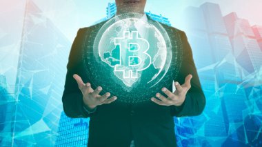 Engelleme teknolojisi kavramı. Yatırım konsepti: Bitcoin 'i elinde tutmak ve borsa tasarımlı dünya..