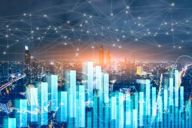 Şehir arkaplanı üzerinden soyut dijital 5g ağı.