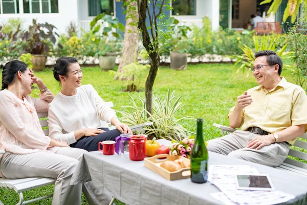 아시아 의연로 사람들로 이루어 정원에서 즐거운 Bbq 스틱을 즐기고 부부들 — 스톡 사진