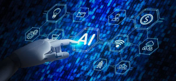 Ręka Robota Wskazująca Futurystyczny Przycisk Technologię Sieciową Koncepcję Uczenia Maszynowego — Zdjęcie stockowe