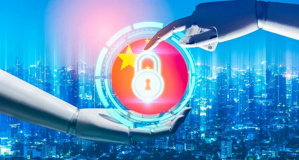 Robot hands holding star lock sign on futuristic city background, web security concept