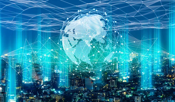 Büyük veri ve IoT (Şeylerin İnternet 'i) kavramı. Şehir ve iletişim ağı.