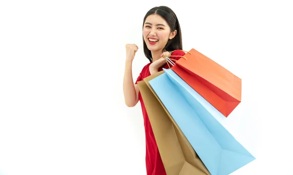 Happy Asian Girl Holding Shopping Bags White Background — ストック写真