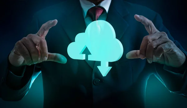 Cloud storage with businessman hands, abstract futuristic ai, robot and business technology concept.