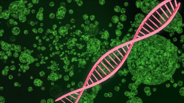 Renkli virüslü bulanık DNA yapısı. Yüksek teknolojili DNA moleküllü biyokimya arka planı kavramı..