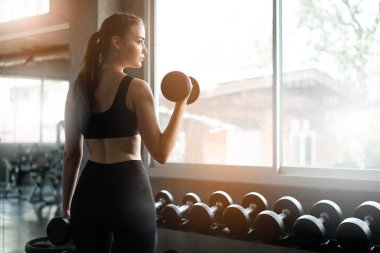 Spor salonunda spor yapmak için haltercilik oynayan genç bir kız, spor salonunda ağır halterleri kaldırıyor. Spor konsepti yağ yakma ve sağlıklı bir yaşam tarzı.