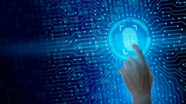 Parmak izi taraması biyometrik tanımlama ile güvenlik erişimi sağlar. İş adamı taraması biyometrik kimlik ve onay. İş Teknolojisi Güvenlik İnternet Konsepti.