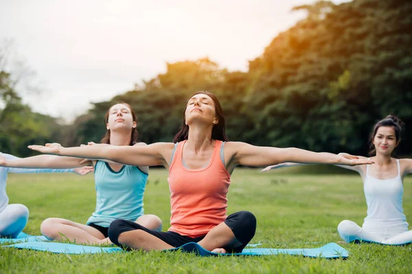 Woman doing yoga on the park - beautiful lights.relax in nature on the park .