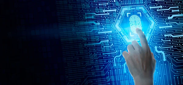 Parmak izi taraması biyometrik tanımlama ile güvenlik erişimi sağlar. İş adamı taraması biyometrik kimlik ve onay. İş Teknolojisi Güvenlik İnternet Konsepti.