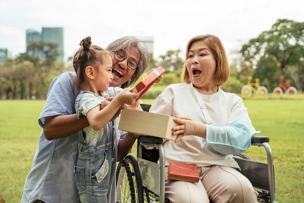 Asian Family Conception Grandmother Grandfather Grand Daughter Enjoyed Garden Christmas — Stock Photo, Image