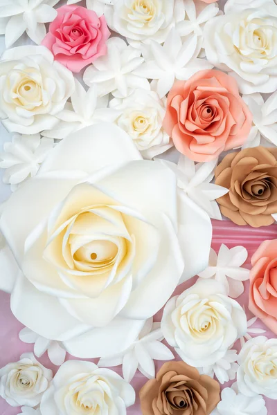 Soft handmade paper roses decoration for wedding banner. Valentines Day concept.