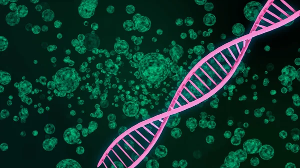 Blurry Dna structure with virus in color background.Biochemistry background concept with high tech dna molecule.