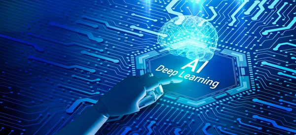 Robot finger pointing to AI Deep Learning words, artificial intelligence and machine learning concept.