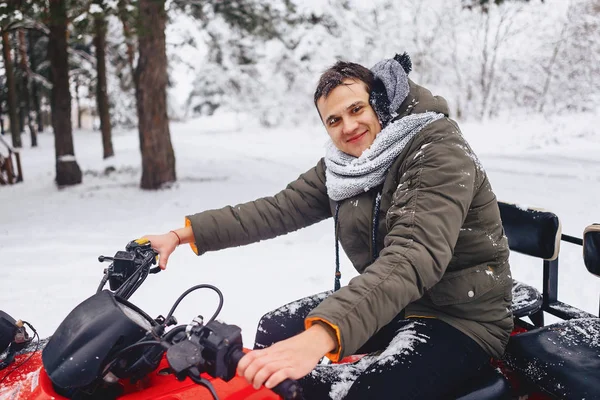Smiling face in snow and ice after riding a snow-covered forest — Stock Photo, Image